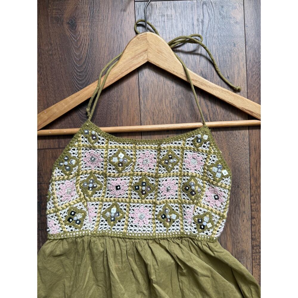 Zara Olive Crochet Sequin Halter Maxi Dress Small - Picture 5 of 7